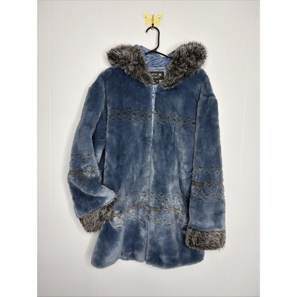Nordic Lights Jackets & Blazers - Nordic Lights Coat Womens Large Blue Faux Fur Hooded Fair Isle Reindeer Parka